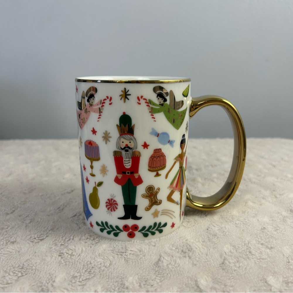 Rifle Paper Co Nutcracker Coffee Mug Cup Gold Handle White Christmas